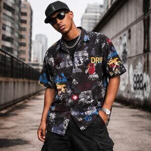 Fresh Graffiti Print Button  Mens Shirt Sz M Y2K Streetwear Drip Graphics Drill